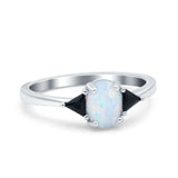 Vintage Oval Engagement Ring Triangle Black Lab Created White Opal 925 Sterling Silver
