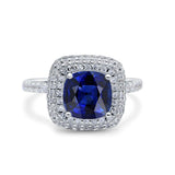 Halo Art Deco Cushion Cut Wedding Ring Simulated Blue Sapphire CZ 925 Sterling Silver