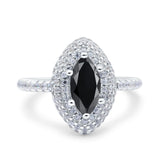 Halo Art Deco Marquise Wedding Ring Simulated Black CZ 925 Sterling Silver