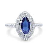 Halo Art Deco Marquise Wedding Ring Simulated Blue Sapphire CZ 925 Sterling Silver