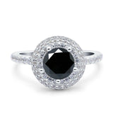 Halo Art Deco Wedding Ring Round Simulated Black CZ 925 Sterling Silver