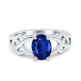 Oval Solitaire Celtic Wedding Ring Simulated Blue Sapphire CZ 925 Sterling Silver