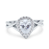 14K White Gold Teardrop Pear Halo Twist Infinity Shank Art Deco Engagement Wedding Bridal Ring Round Simulated CZ Size-7