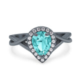 Pear Twist Infinity Shank Wedding Ring Black Tone, Simulated Paraiba Tourmaline CZ 925 Sterling Silver