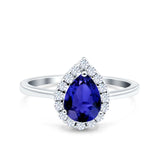 Teardrop Halo Art Deco Pear Wedding Ring Simulated Blue Sapphire CZ 925 Sterling Silver