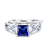 Two Piece Art Deco Princess Cut Wedding Bridal Ring Simulated Blue Sapphire CZ 925 Sterling Silver