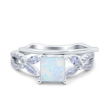 Two Piece Art Deco Princess Cut Wedding Bridal Ring Lab Created White Opal 925 Sterling Silver