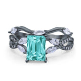 Two Piece Art Deco Emerald Cut Wedding Bridal Ring Black Tone, Simulated Paraiba Tourmaline CZ 925 Sterling Silver