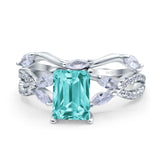 Two Piece Art Deco Emerald Cut Wedding Bridal Ring Simulated Paraiba Tourmaline CZ 925 Sterling Silver