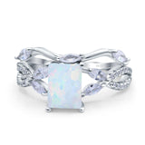 Two Piece Art Deco Emerald Cut Wedding Bridal Ring Lab Created White Opal 925 Sterling Silver