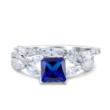 Two Piece Bridal Ring Art Deco Princess Cut Engagement Simulated Blue Sapphire CZ 925 Sterling Silver