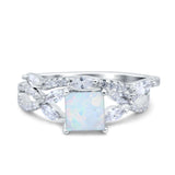 Two Piece Bridal Ring Art Deco Princess Cut Engagement Lab Created White Opal 925 Sterling Silver