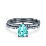 Two Piece Art Deco Pear Engagement Bridal Ring Band Black Tone, Simulated Paraiba Tourmaline CZ 925 Sterling Silver