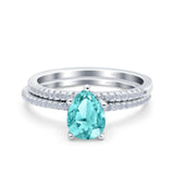 Two Piece Art Deco Pear Engagement Bridal Ring Band Simulated Paraiba Tourmaline CZ 925 Sterling Silver