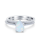 Two Piece Art Deco Pear Engagement Bridal Ring Band Lab Created White Opal 925 Sterling Silver