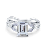 Two Piece Art Deco Emerald Cut Wedding Ring Simulated Cubic Zirconia 925 Sterling Silver
