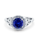 Celtic Halo Art Deco Wedding Ring Round Simulated Blue Sapphire CZ 925 Sterling Silver