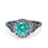 Celtic Halo Art Deco Wedding Ring Round Black Tone, Simulated Paraiba Tourmaline CZ 925 Sterling Silver