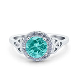 Celtic Halo Art Deco Wedding Ring Round Simulated Paraiba Tourmaline CZ 925 Sterling Silver