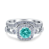 Two Piece Art Deco Wedding Ring Band Round Simulated Paraiba Tourmaline CZ 925 Sterling Silver