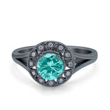 Celtic Halo Engagement Ring Round Black Tone, Simulated Paraiba Tourmaline CZ 925 Sterling Silver