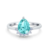 Teardrop Art Deco Pear Engagement Ring Simulated Paraiba Tourmaline CZ 925 Sterling Silver