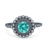 Halo Art Deco Wedding Ring Round Black Tone, Simulated Paraiba Tourmaline CZ 925 Sterling Silver