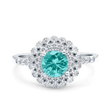 Halo Art Deco Wedding Ring Round Simulated Paraiba Tourmaline CZ 925 Sterling Silver