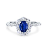 Vintage Art Deco Halo Oval Engagement Ring Simulated Blue Sapphire CZ 925 Sterling Silver