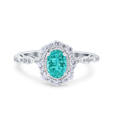 Vintage Art Deco Halo Oval Engagement Ring Simulated Paraiba Tourmaline CZ 925 Sterling Silver