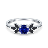 Art Deco Engagement Ring Simulated Black Round Simulated Blue Sapphire CZ 925 Sterling Silver