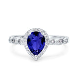 Halo Pear Engagement Ring Simulated Blue Sapphire CZ 925 Sterling Silver