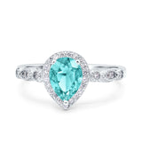 Halo Pear Engagement Ring Simulated Paraiba Tourmaline CZ 925 Sterling Silver