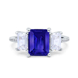 Three Stone Radiant Cut Wedding Ring Simulated Blue Sapphire CZ 925 Sterling Silver