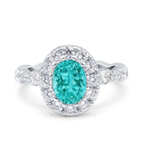 Oval Art Deco Halo Wedding Bridal Ring Simulated Paraiba Tourmaline CZ 925 Sterling Silver