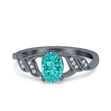 Oval Art Deco Engagement Bridal Ring Black Tone, Simulated Paraiba Tourmaline CZ 925 Sterling Silver