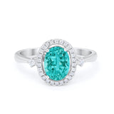 Art Deco Engagement Ring Halo Oval Simulated Paraiba Tourmaline CZ 925 Sterling Silver