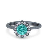 Halo Floral Style Art Deco Round Wedding Engagement Ring Black Tone, Simulated Paraiba Tourmaline CZ 925 Sterling Silver