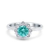 Halo Floral Style Art Deco Round Wedding Engagement Ring Simulated Paraiba Tourmaline CZ 925 Sterling Silver