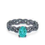 Celtic Weave Braided Style Oval Wedding Ring Black Tone, Simulated Paraiba Tourmaline CZ 925 Sterling Silver
