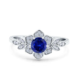 Halo Cluster Floral Wedding Ring Round Simulated Blue Sapphire CZ 925 Sterling Silver
