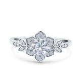 Halo Cluster Floral Wedding Ring Round Simulated Cubic Zirconia 925 Sterling Silver