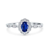 Halo Vintage Floral Art Deco Wedding Ring Oval Simulated Blue Sapphire CZ 925 Sterling Silver