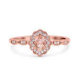 Halo Vintage Floral Art Deco Wedding Ring Oval Rose Tone, Simulated Morganite CZ 925 Sterling Silver