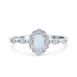 Halo Vintage Floral Art Deco Wedding Ring Oval Lab Created White Opal 925 Sterling Silver