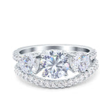Three Stone Art Deco Wedding Piece Ring Round Simulated Cubic Zirconia 925 Sterling Silver
