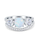 Three Stone Art Deco Wedding Piece Ring Round Lab Created White Opal 925 Sterling Silver
