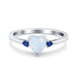 Art Deco Heart Three Stone Wedding Bridal Ring Round Blue Sapphire Lab Created White Opal 925 Sterling Silver