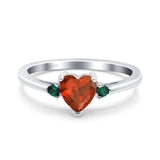 Art Deco Heart Three Stone Wedding Ring Round Green Emerald Simulated Garnet CZ 925 Sterling Silver