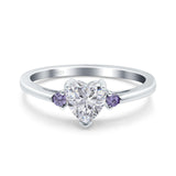 Art Deco Heart Three Stone Wedding Bridal Ring Round Amethyst Simulated Cubic Zirconia 925 Sterling Silver